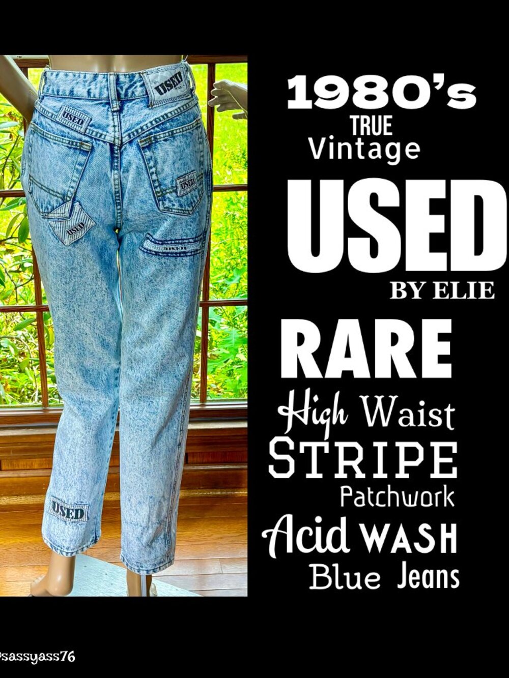 🆕VTG▪️USED BY ELIE▪️80's RARE High Waist Stripe Patchwork Acid Wash Blue Jeans